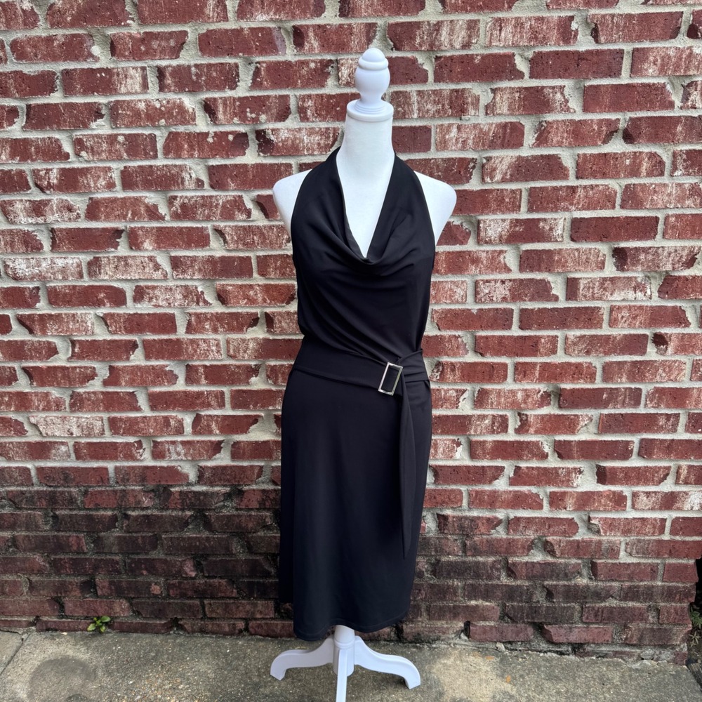 Vintage Y2K Cowl Neck Halter Neck Dress Women's Size Large Black LBD‎